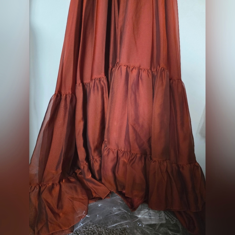 Mac Duggal 67948 Copper Criss Cross Waist Bishop Sleeve Dress Sz. 2 - Picture 5 of 12
